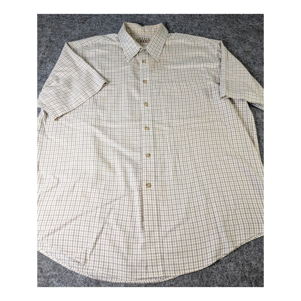 Trader Bay Mens XL Short Sleeve Button Down Shirt Tan Blue Grid Check 60010
